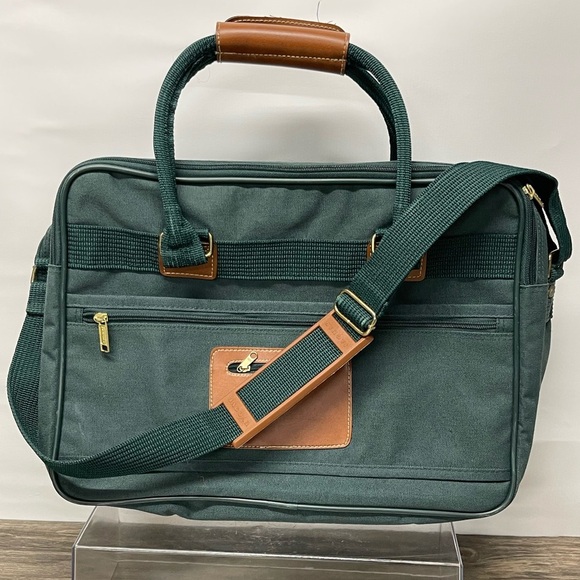 Jaguar Green Canvas Laptop Bag Briefcase Travel Work Bag Faux Leather Trim - Picture 1 of 15